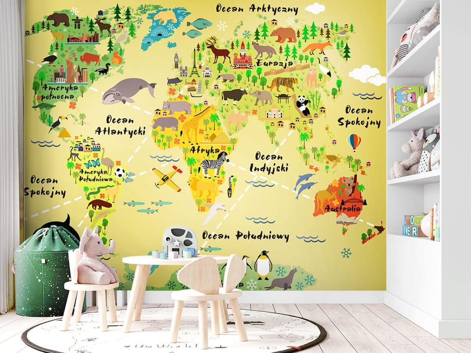 Fototapeta Mapa świata dla dzieci z ikonami - aranżacja w pokoju dziecka