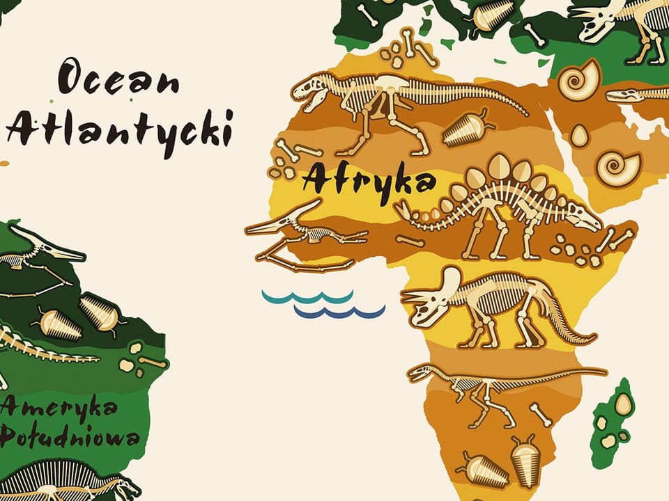 Fototapeta Mapa świata z dinozaurami - realne zdjęcie w rolce