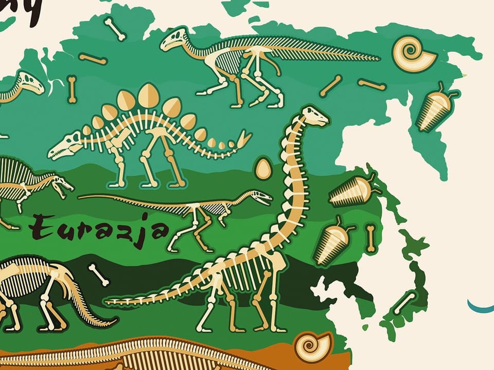Fototapeta Mapa świata z dinozaurami - jakość wydruku i struktura materiału