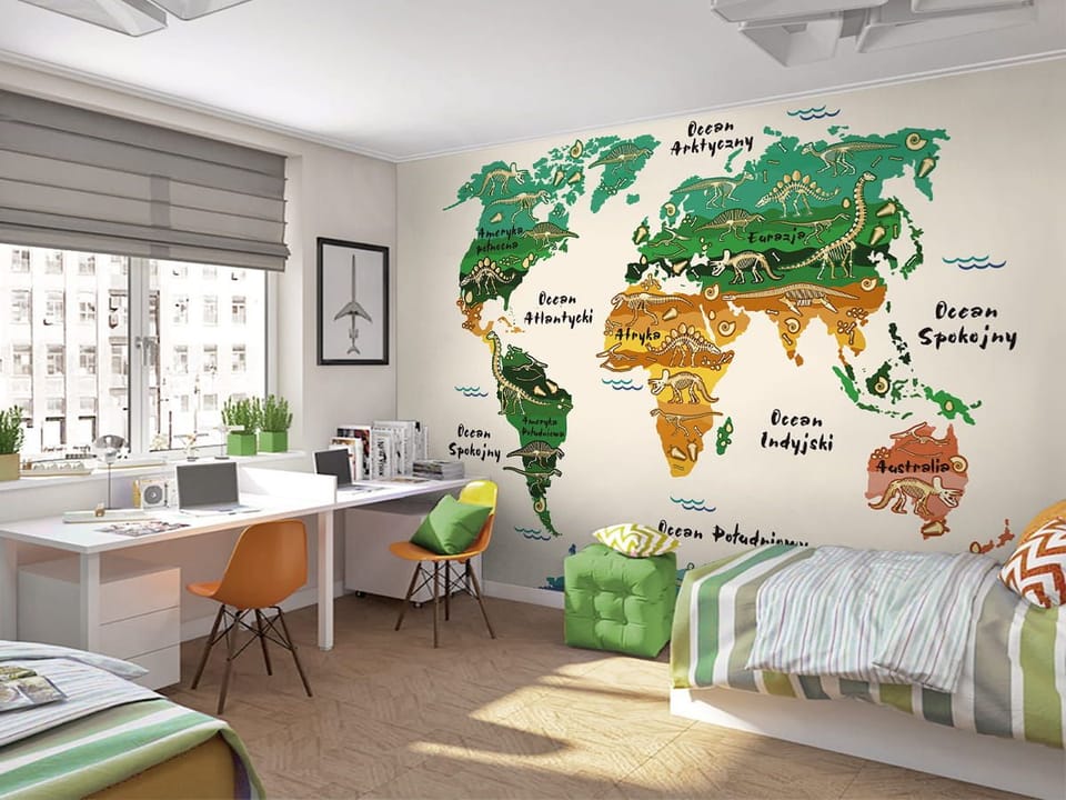 Fototapeta Mapa świata z dinozaurami - aranżacja w pokoju dziecka