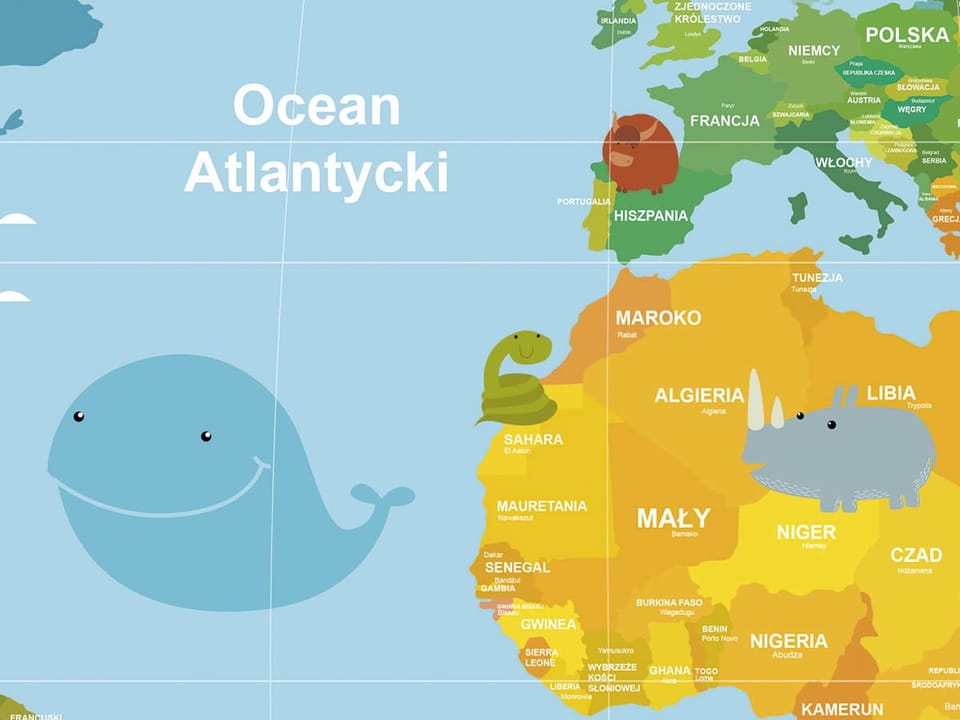Fototapeta Mapa świata dla dzieci z ilustracjami - realne zdjęcie w rolce