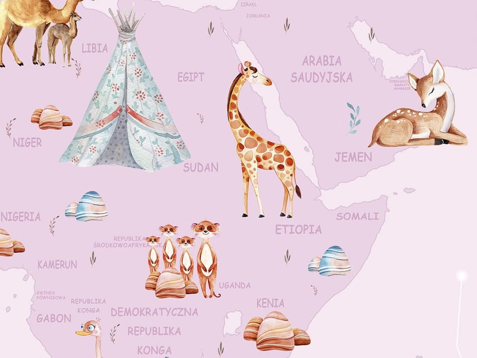 Fototapeta Mapa świata z ilustracjami zwierząt - jakość wydruku i struktura materiału