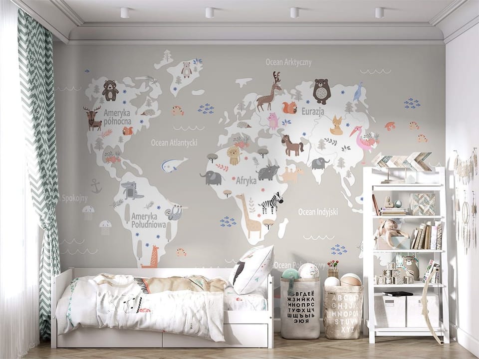 Fototapeta Mapa świata dla dzieci z kontynentami - aranżacja w pokoju dziecka