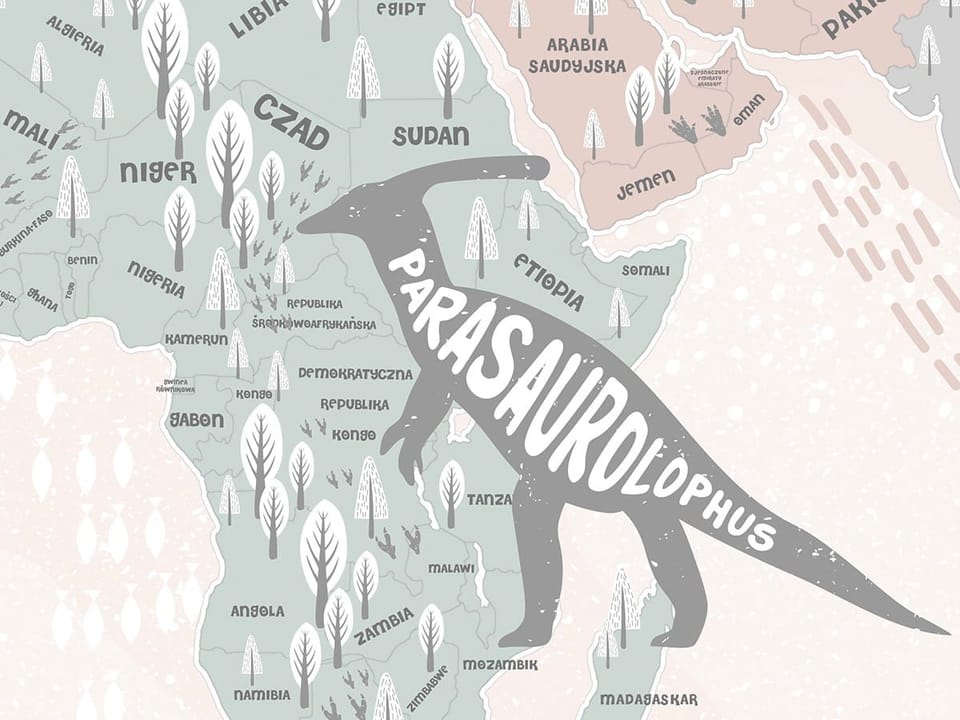 Fototapeta Mapa świata z dinozaurami dla dzieci - realne zdjęcie w rolce