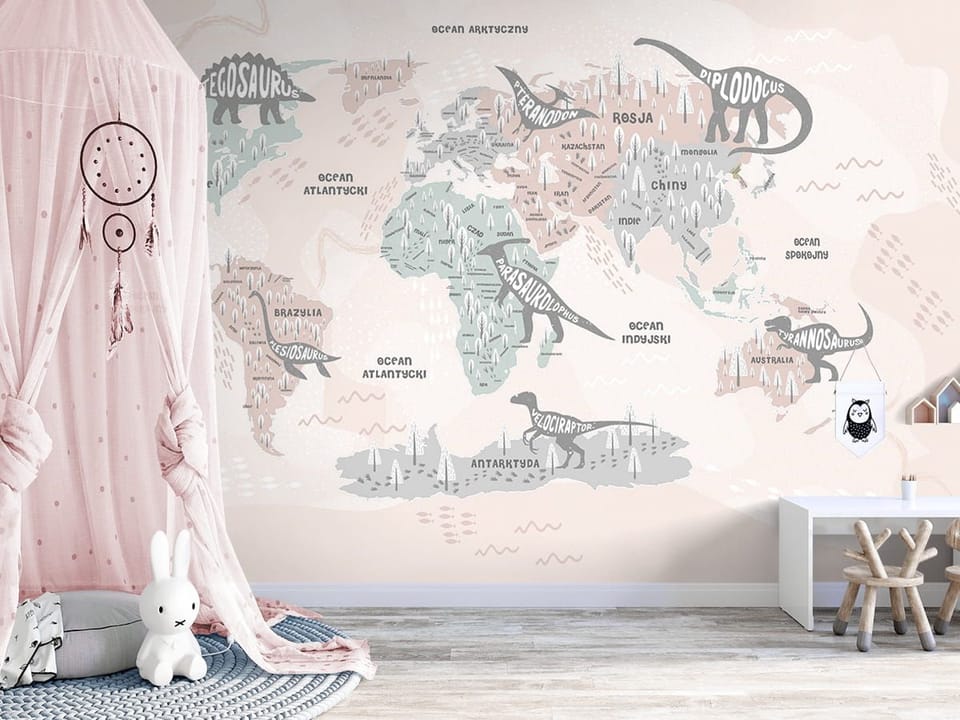 Fototapeta Mapa świata z dinozaurami dla dzieci - aranżacja w pokoju dziecka