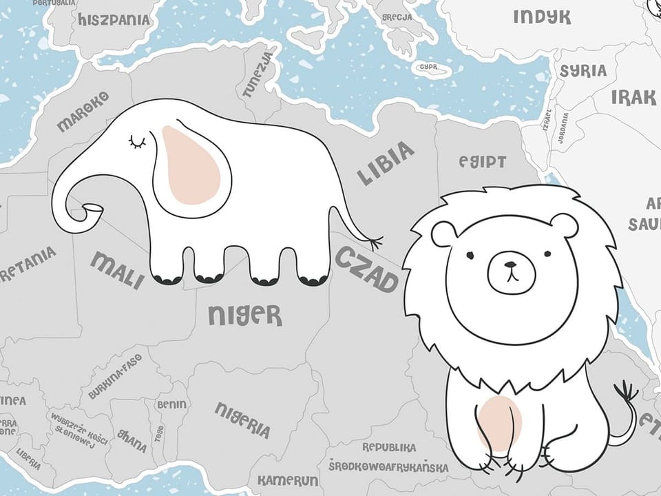 Fototapeta Mapa świata z rysunkowymi zwierzętami - realne zdjęcie w rolce