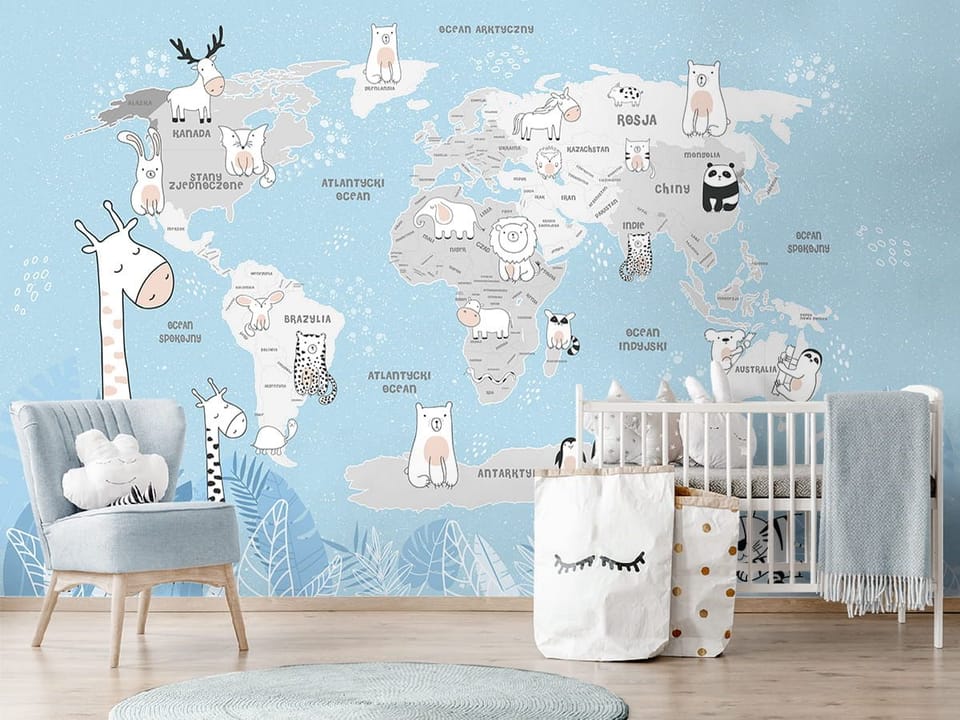 Fototapeta Mapa świata z rysunkowymi zwierzętami - aranżacja w pokoju dziecka
