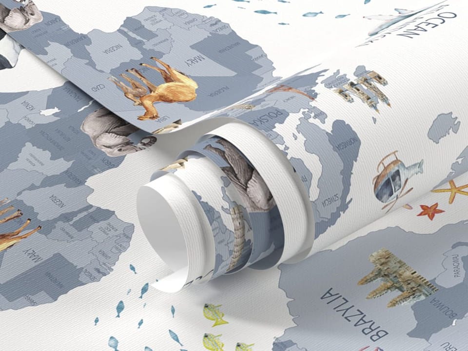 Fototapeta Mapa świata dla dzieci z ikonami - realne zdjęcie w rolce