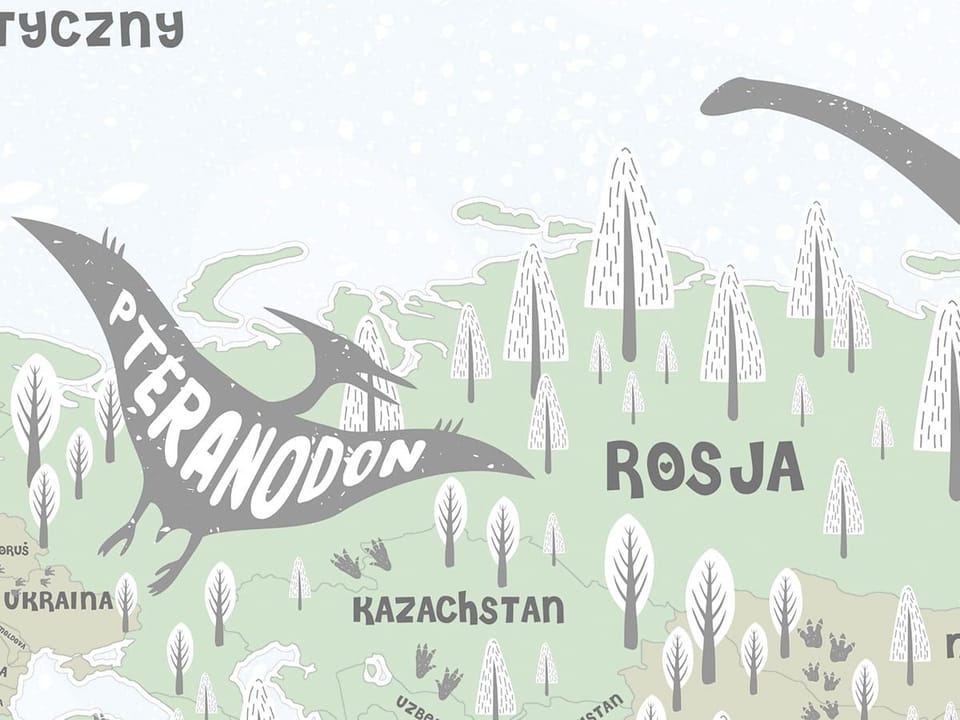 Fototapeta Mapa świata z dinozaurami - realne zdjęcie w rolce