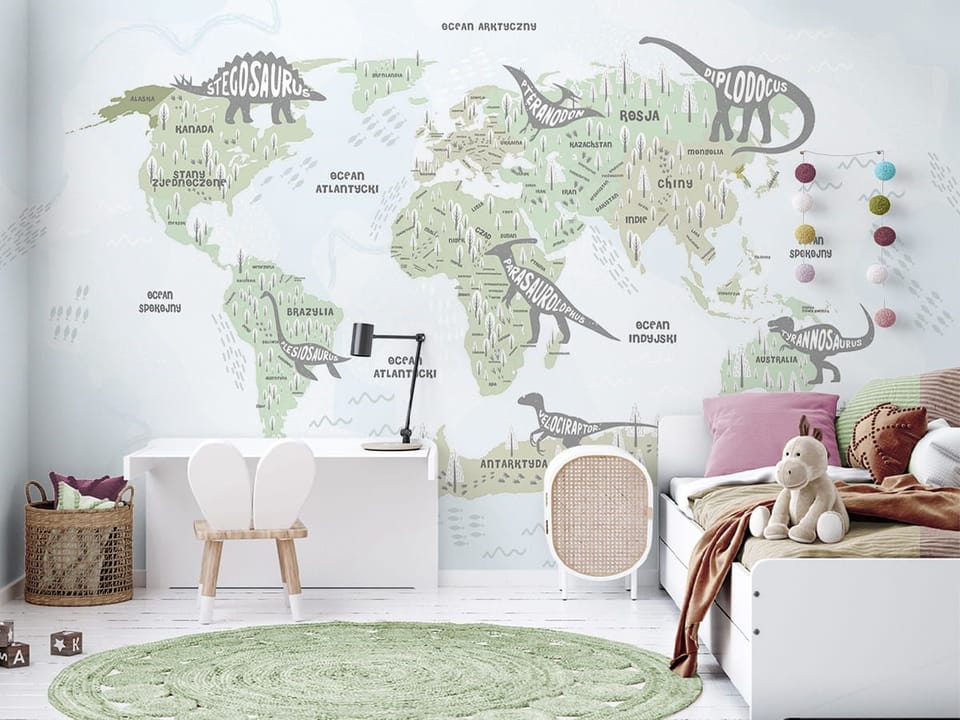 Fototapeta Mapa świata z dinozaurami - aranżacja w pokoju dziecka