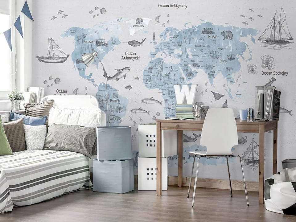 Fototapeta Mapa świata z oceanami dla dzieci - aranżacja w pokoju dziecka