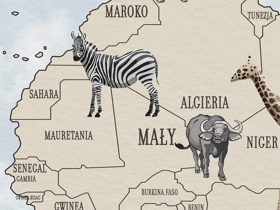 Fototapeta Mapa świata z ilustracjami zwierząt - realne zdjęcie w rolce