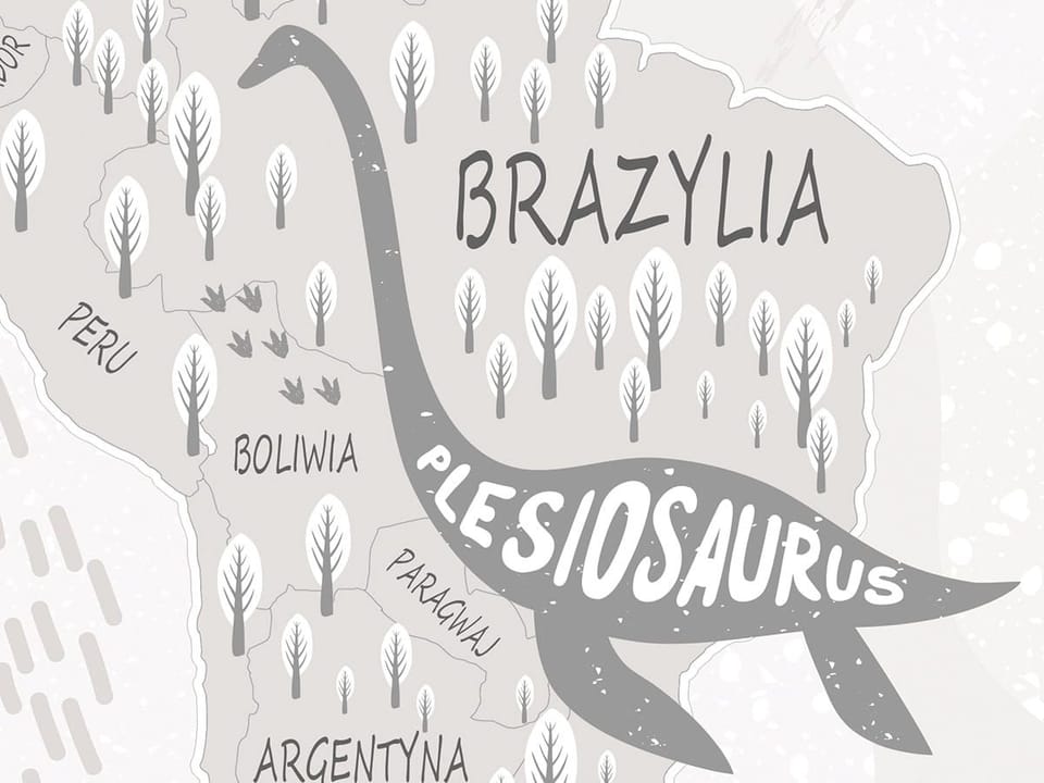 Fototapeta Mapa świata z dinozaurami dla dzieci - realne zdjęcie w rolce