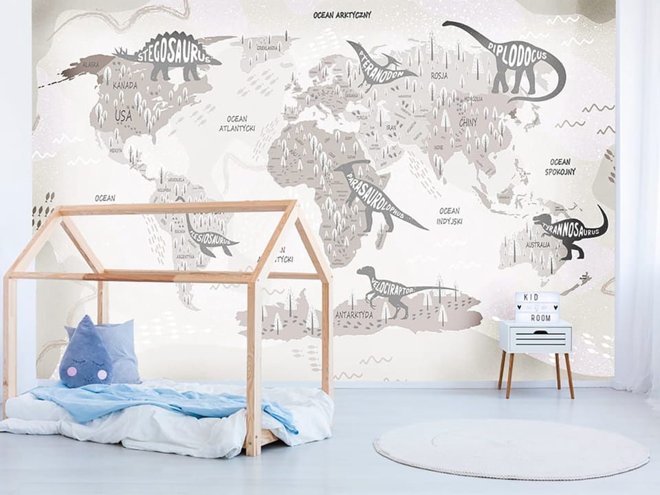 Fototapeta Mapa świata z dinozaurami dla dzieci - aranżacja w pokoju dziecka