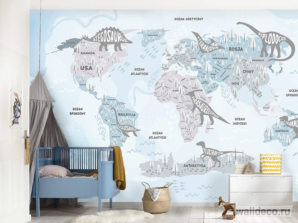 Fototapeta Mapa świata z dinozaurami - aranżacja w pokoju dziecka