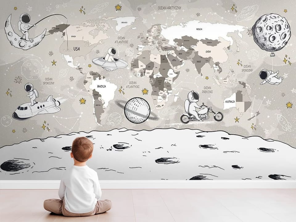 Fototapeta z astronautami na tle mapy świata z kontynentami - nowoczesny pokój dziecięcy z modnym akcentem