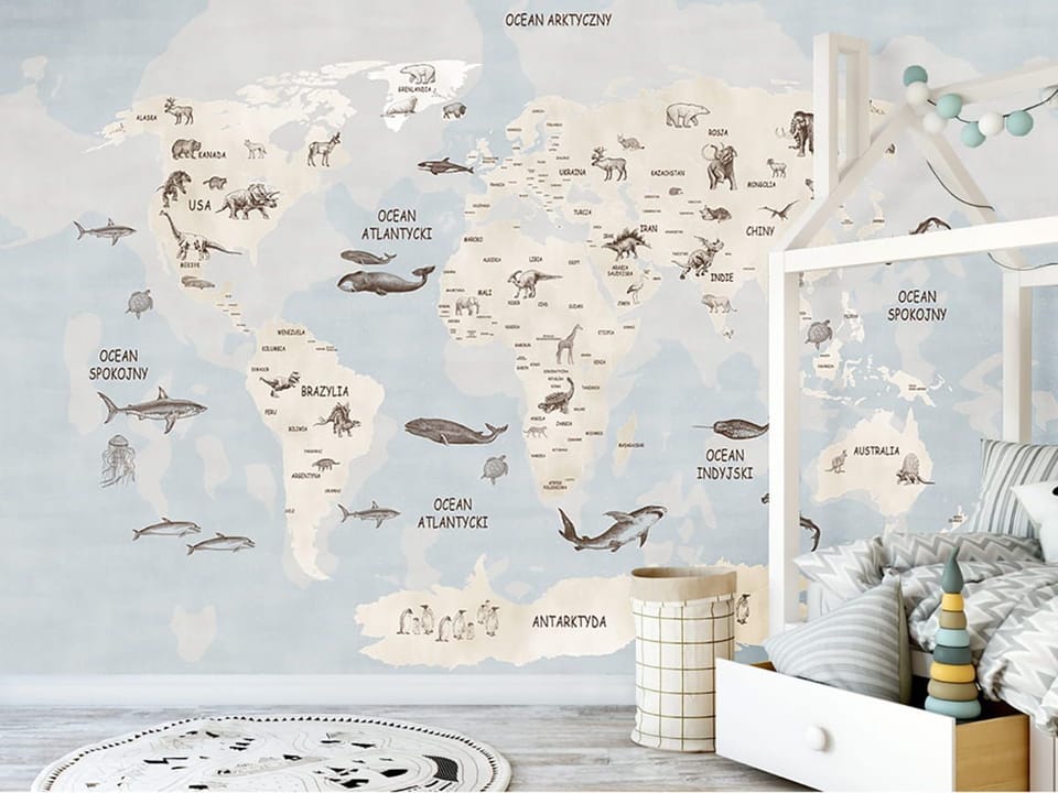 Fototapeta Mapa świata dla dzieci z kontynentami - aranżacja w pokoju dziecka