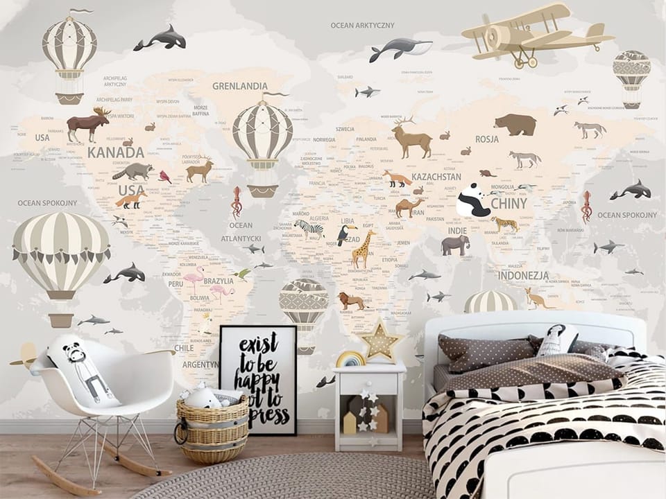 Fototapeta Ilustrowana mapa świata z balonami - aranżacja w pokoju dziecka