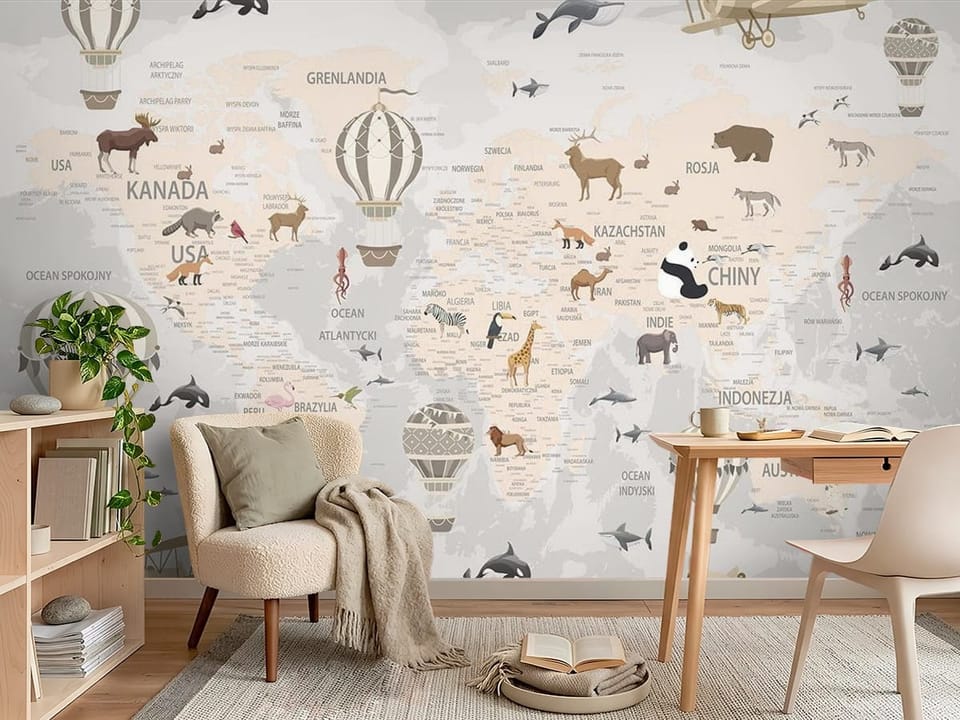 Fototapeta z mapą świata, balonami, zwierzętami i samolotami retro - 