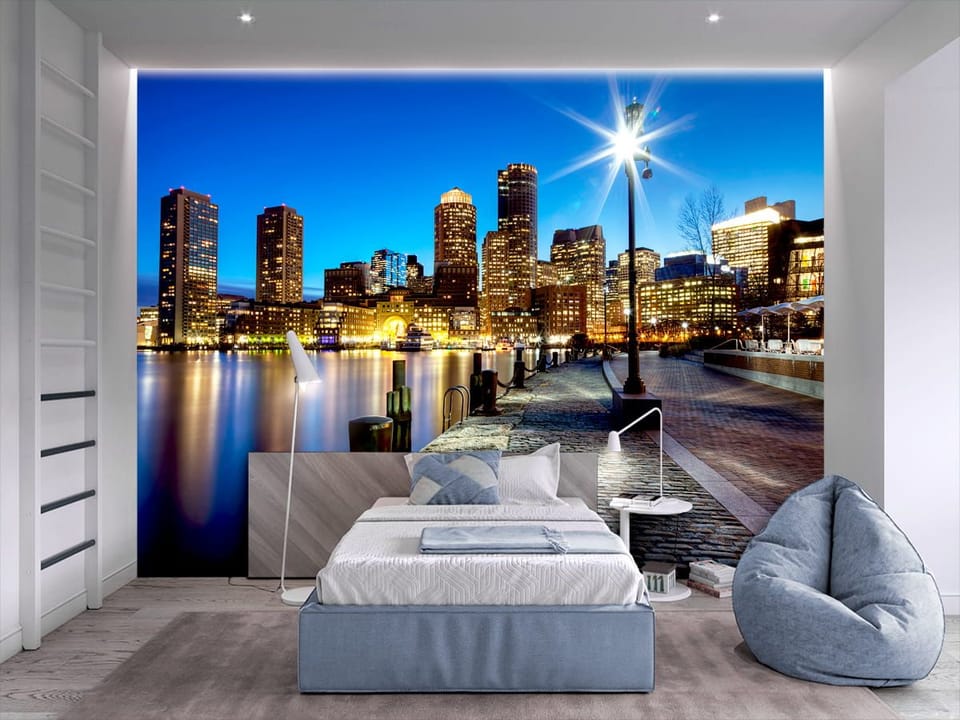 Fototapeta Panorama miasta nocą nad wodą we wnętrzu pokoju nastolatka