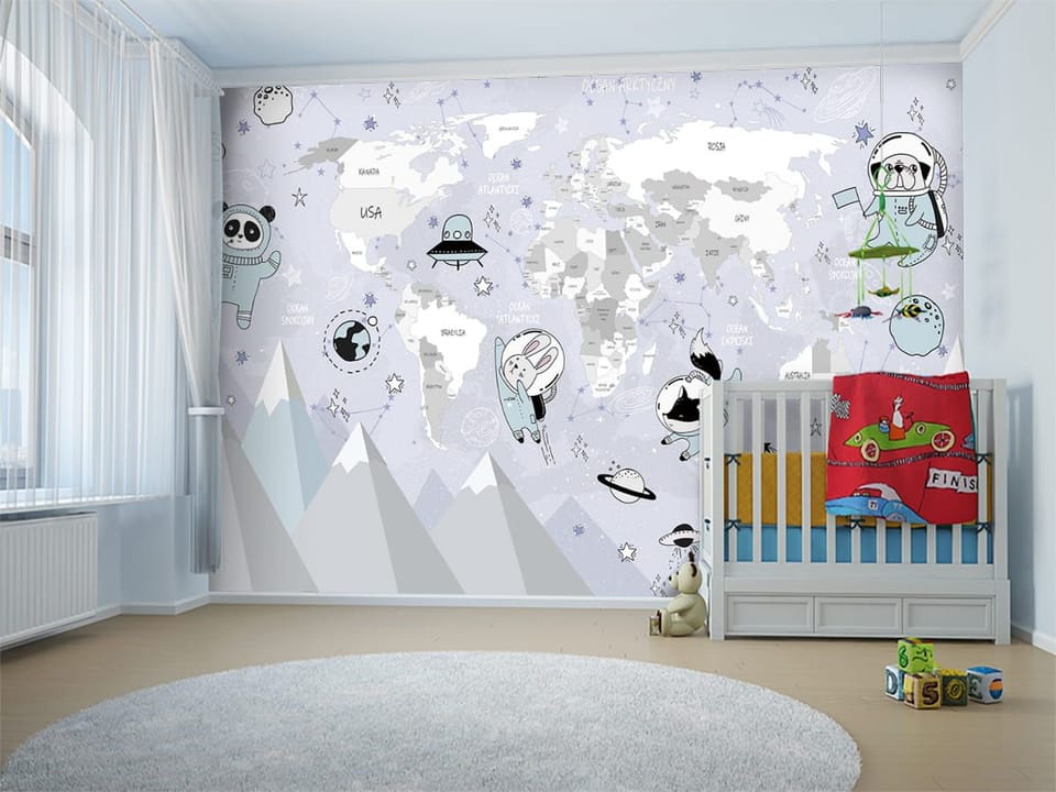 Fototapeta Mapa świata ze zwierzętami w skafandrach - aranżacja w pokoju dziecka