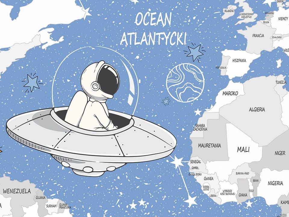 Fototapeta Astronauci i mapa świata dla dzieci - realne zdjęcie w rolce