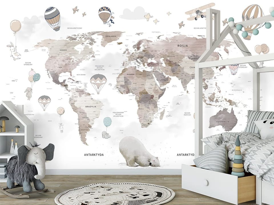 Fototapeta Mapa świata z balonami i zwierzętami - aranżacja w pokoju dziecka