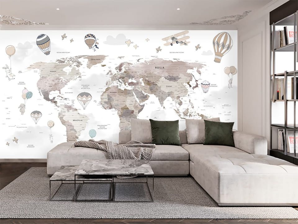Fototapeta Mapa świata z balonami i zwierzętami - aranżacja w salonie