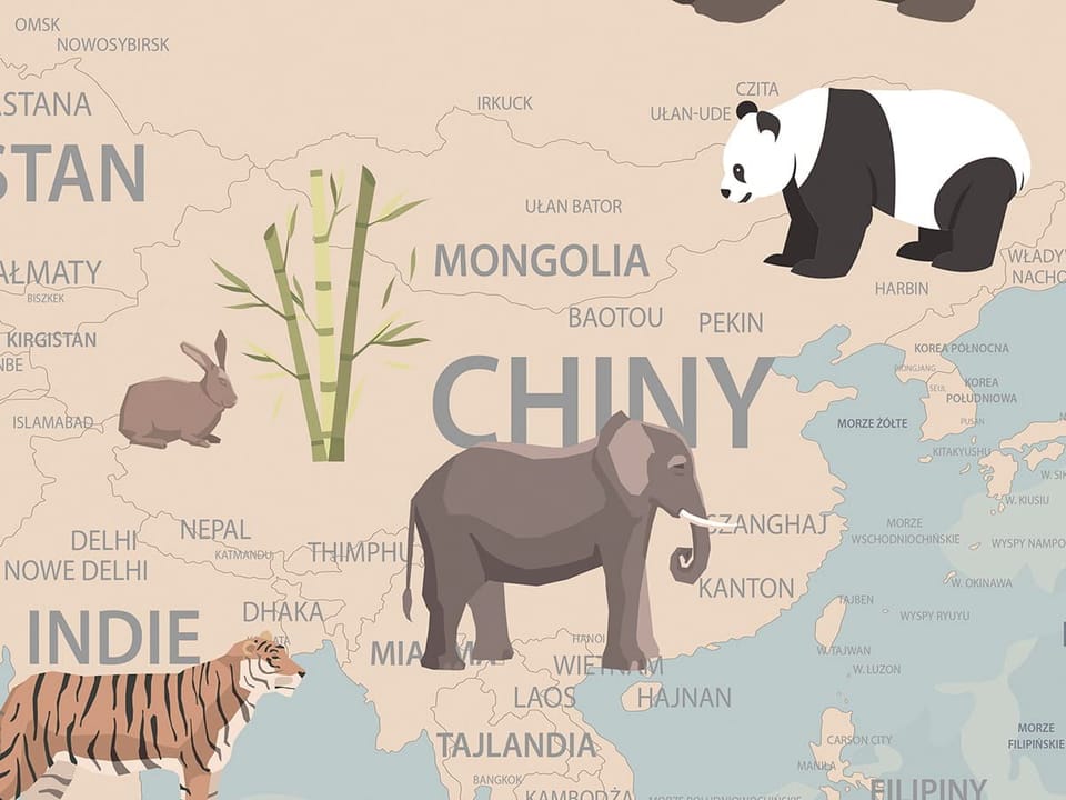 Fototapeta Mapa świata z ilustracjami zwierząt - jakość wydruku i struktura materiału