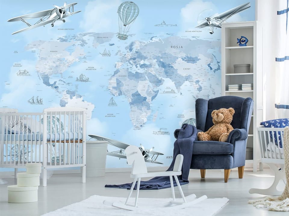 Fototapeta Mapa świata z samolotami - aranżacja w pokoju dziecka