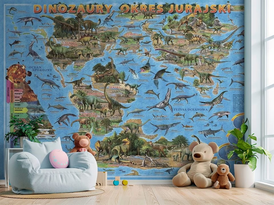 Fototapeta z mapą świata i dinozaurami na kontynentach - przytulny kącik do zabawy w pokoju dziecka