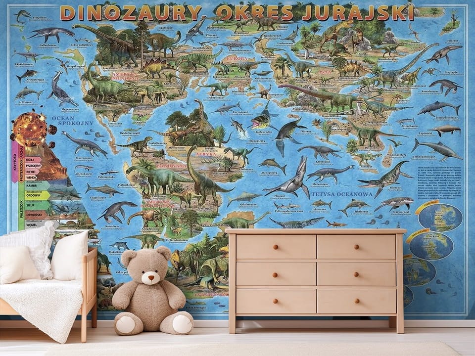 Fototapeta z mapą świata i dinozaurami na kontynentach - pokój dziecka w jasnych pastelowych barwach