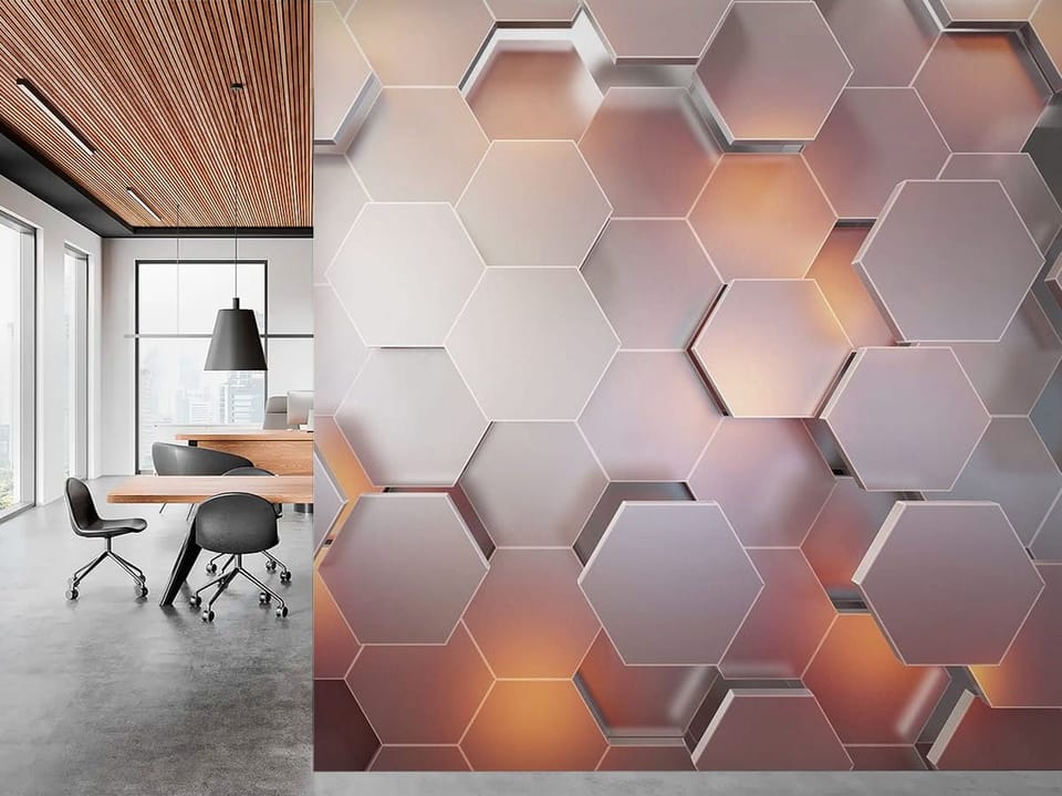 Fototapeta z trójwymiarowymi heksagonalnymi panelami w metalicznych odcieniach - ściana akcentowa w biurze