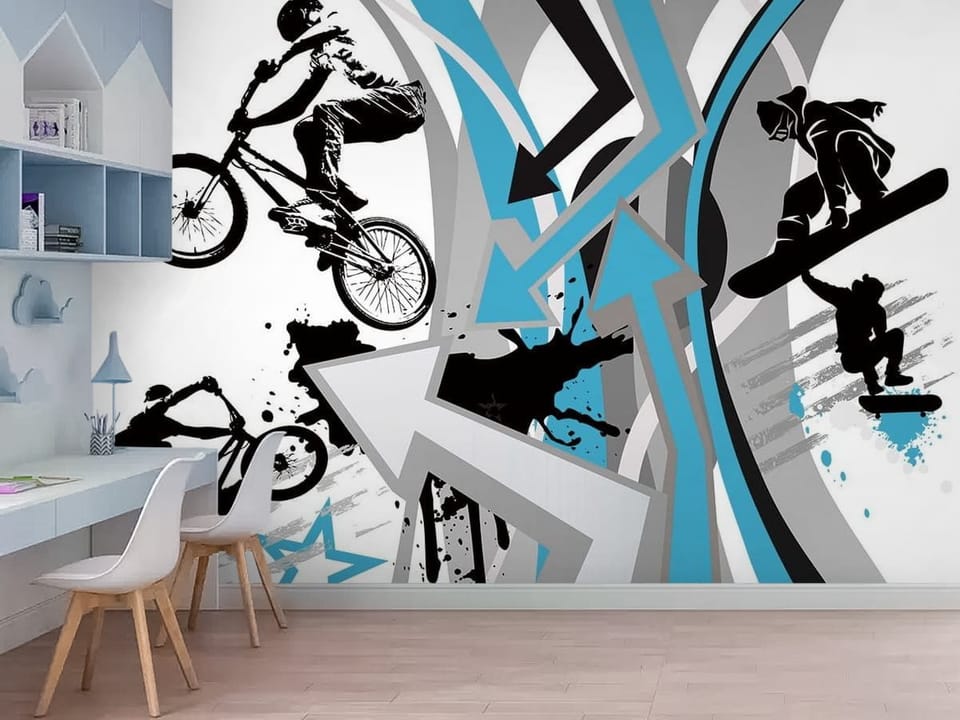 Fototapeta z dynamicznymi sylwetkami sportowców na abstrakcyjnym tle - nowoczesne wnętrze w pokoju dziecięcym