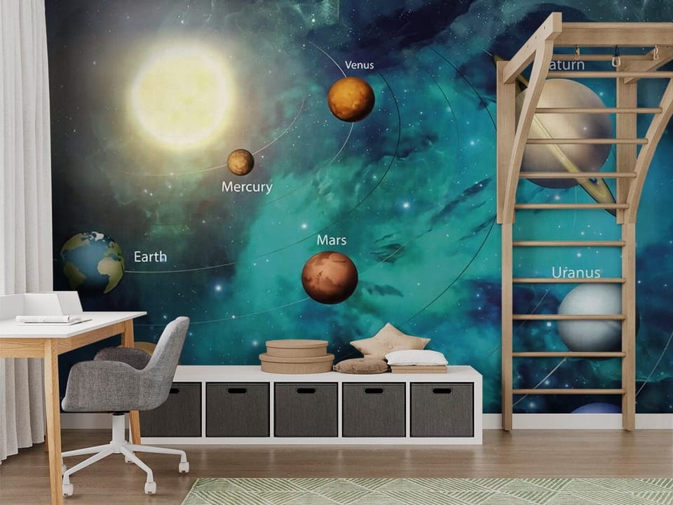 Fototapeta przedstawiająca Układ Słoneczny z planetami i gwiazdami - nowoczesny pokój nastolatka z modnym akcentem