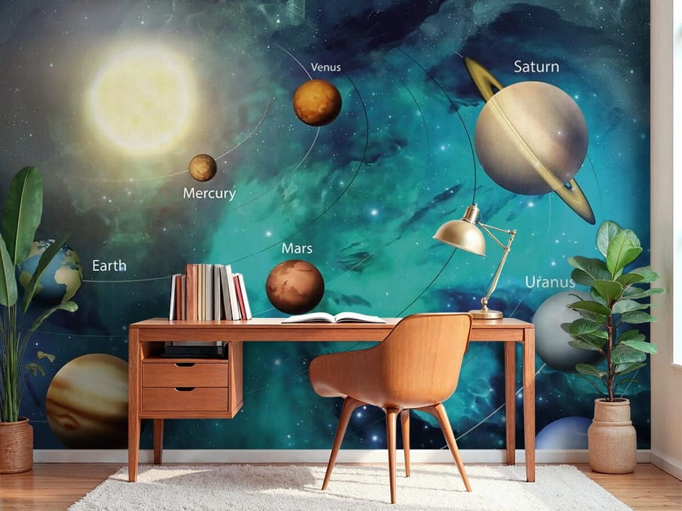 Fototapeta przedstawiająca Układ Słoneczny z planetami i gwiazdami - przytulne biurko w pokoju nastolatka