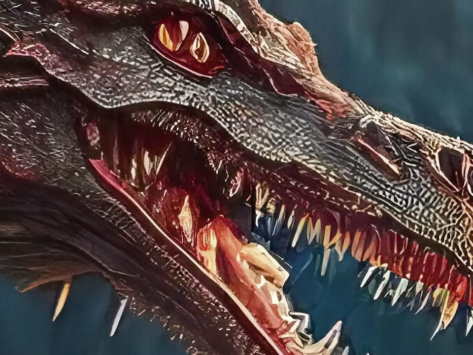 Fototapeta Czerwony smok na tle gór - realne zdjęcie w rolce