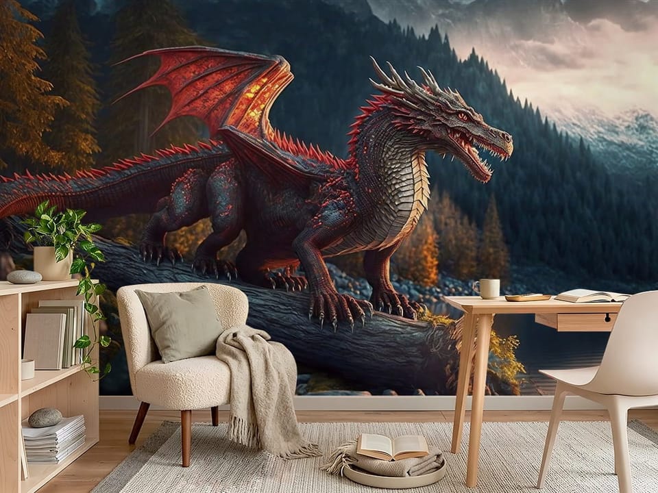 Fototapeta z czerwonym smokiem na pniu drzewa, góry i jezioro - aranżacja w pokoju nastolatka