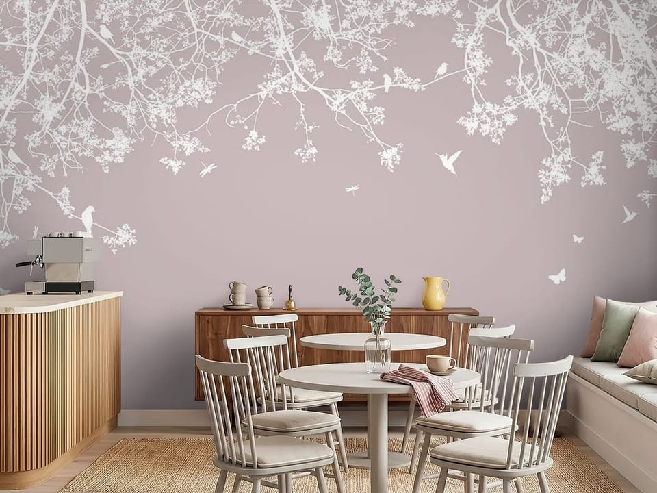 Fototapeta z gałęziami drzewa sakura i jednolitym tłem - dekoracja ściany w kawiarni