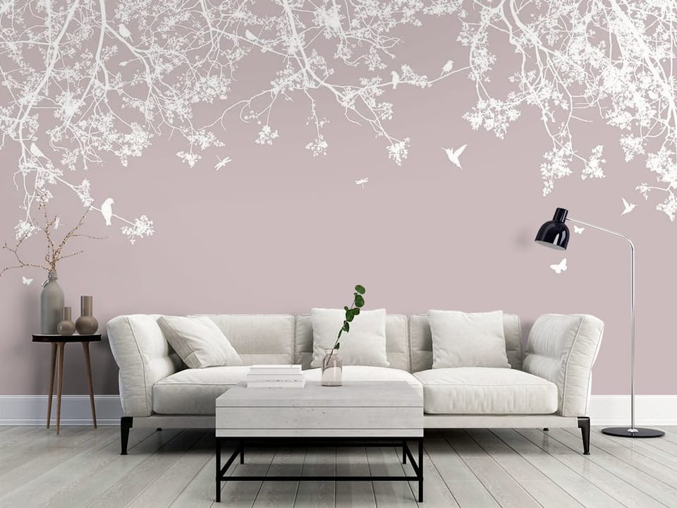 Fototapeta z gałęziami drzewa sakura i jednolitym tłem - klasyczny salon w szarych kolorach