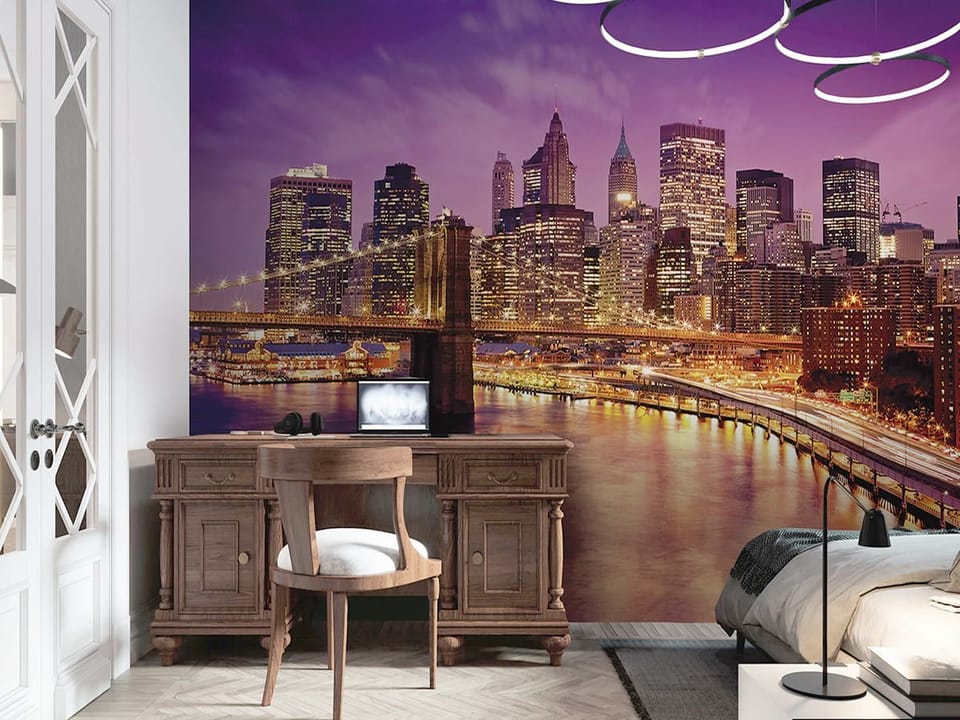 Fototapeta Panorama miasta z mostem nocą we wnętrzu sypialni
