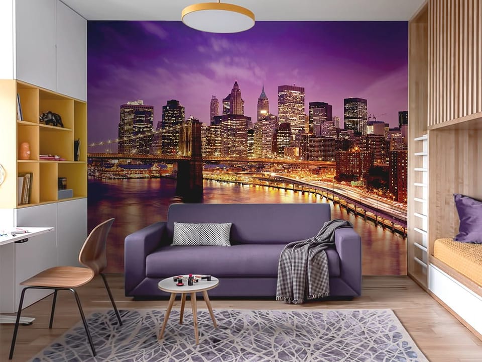 Fototapeta Panorama miasta z mostem nocą we wnętrzu pokoju nastolatka