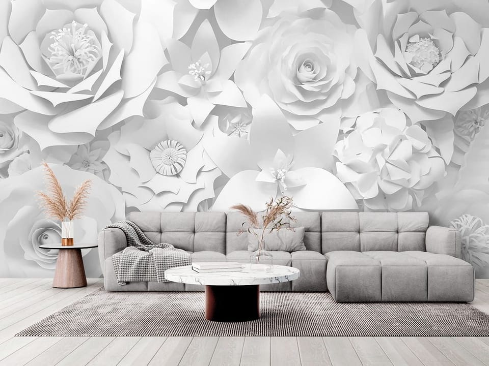Fototapeta z białymi papierowymi kwiatami o trójwymiarowym efekcie - elegancki salon w stylu minimalistycznym