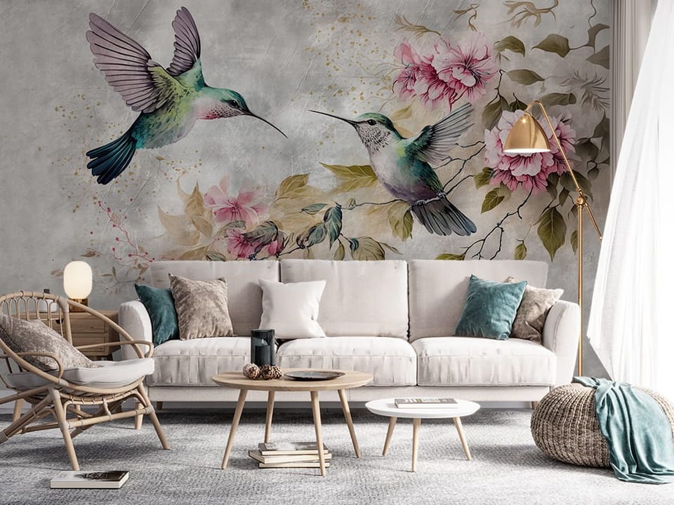 Fototapeta Kolibry i Kwiaty w Delikatnym Ujęciu - aranżacja w salonie