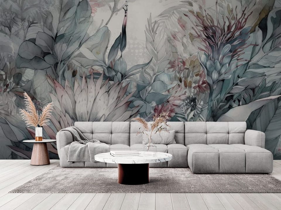 Fototapeta z dużym kwiatem i różnorodnymi liśćmi w subtelnych odcieniach - elegancki salon w stylu minimalistycznym