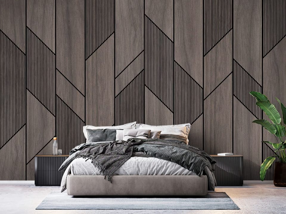 Fototapeta z geometrycznym wzorem na drewnianych panelach z czarnymi liniami - ściana w eleganskiej sypialni
