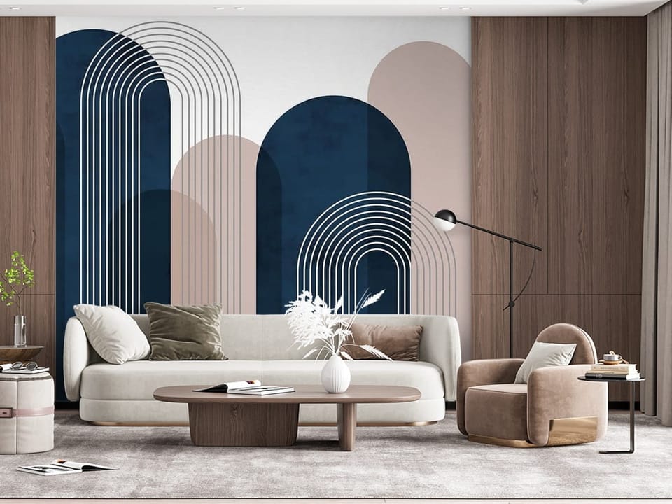 Fototapeta z geometrycznymi łukami i liniami na beżowym tle - ściana w połączeniu z drewnem w salonie