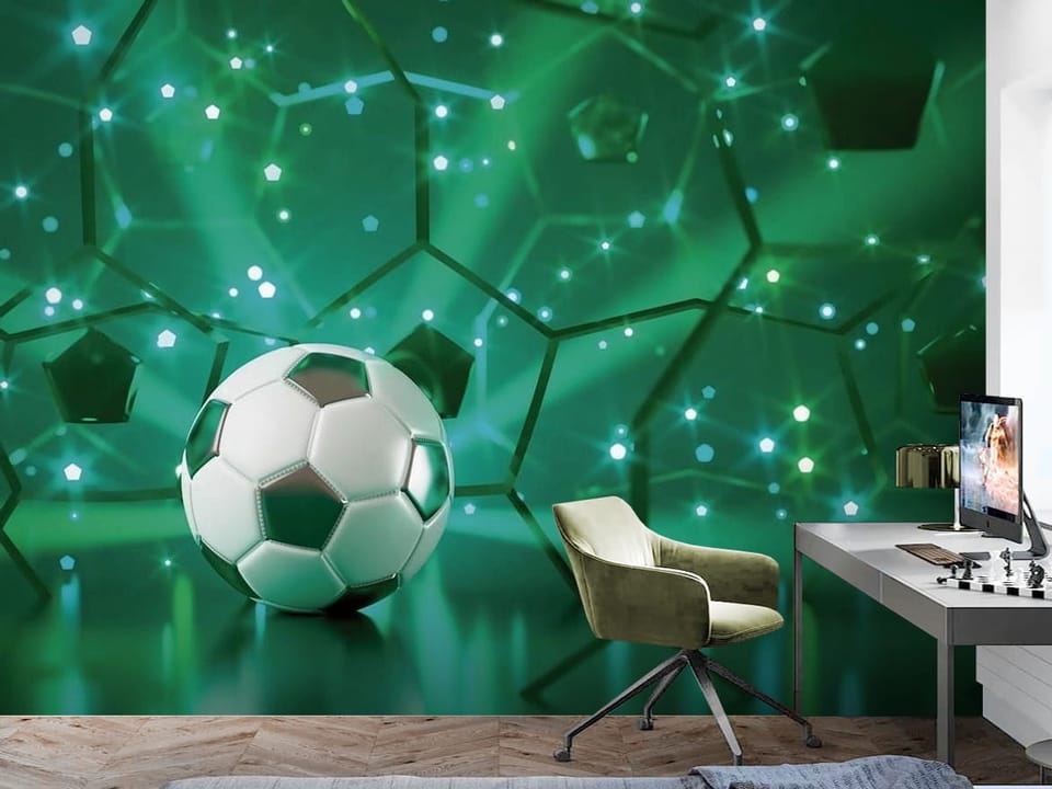 Fototapeta z piłką nożną na tle zielonych geometrycznych wzorów - aranżacja w minimalistycznym pokoju nastolatka
