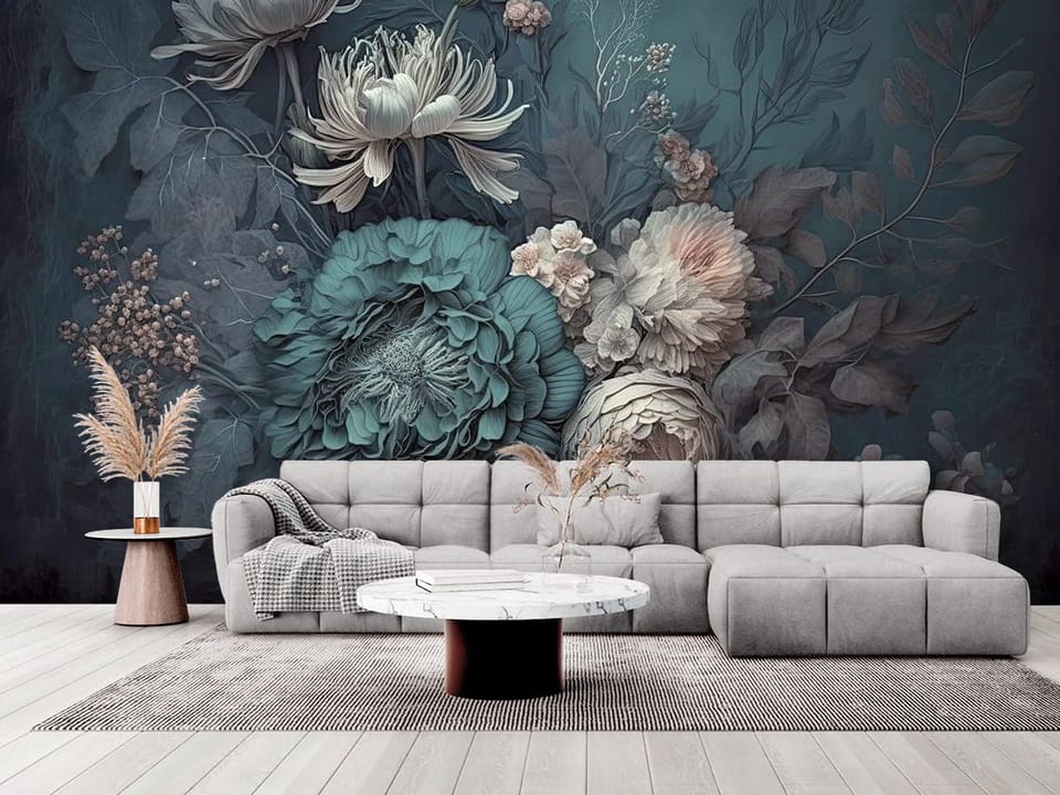 Fototapeta z egzotycznymi kwiatami, ciemnymi liśćmi i delikatnymi gałązkami - elegancki salon w stylu minimalistycznym