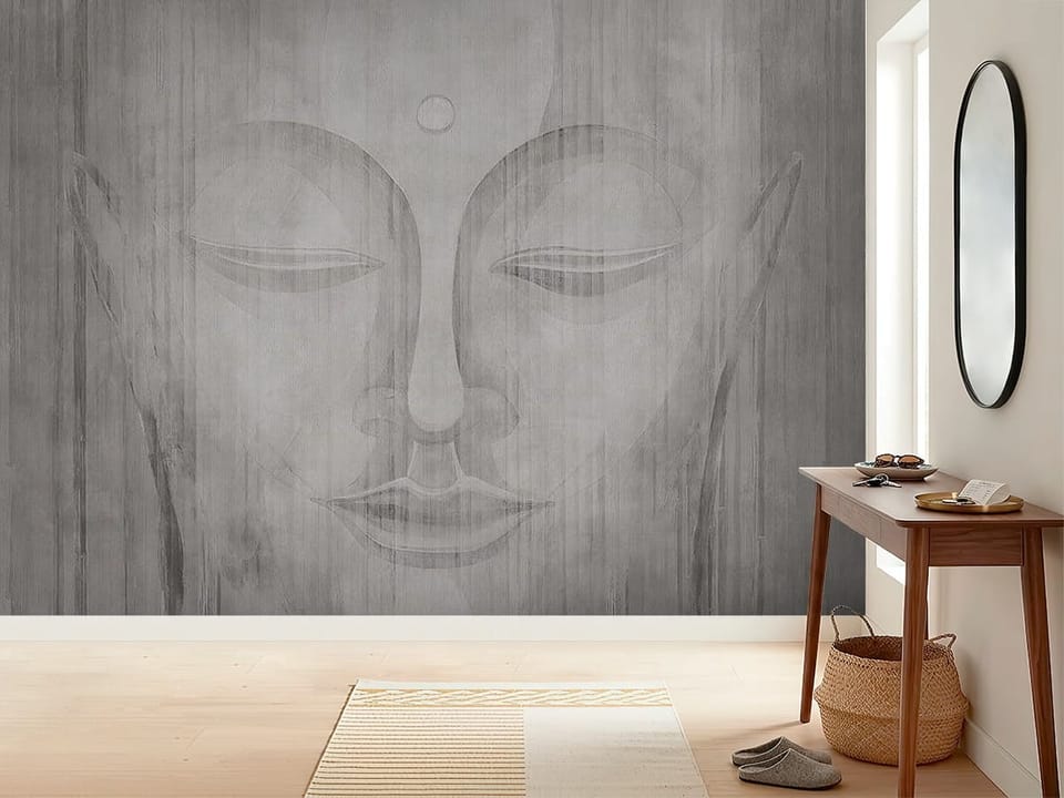Fototapeta z dużą twarzą w stylu buddyjskim i teksturą drewna - inspiracji do minimalistycznego przedpokoju